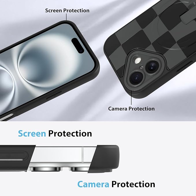 KANGHAR Compatible with iPhone 16 Case, Support for MagSafe, Silicone Checkered Cute Pattern, Wristband Kickstand Camera Protection Soft Slim Cover for Girls Women -Black