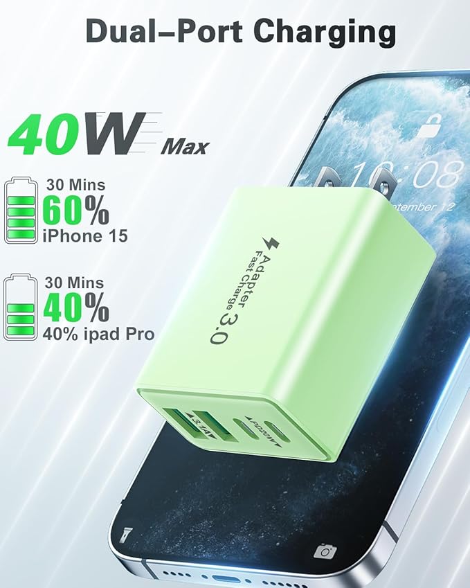 KOUEMGI 2-Pack 40W 4-Port USB C Fast Charging Block (Green), Dual PD+QC Charger Cube for iPhone 15/15 Plus/15 Pro/15 Pro Max, iPad, Samsung, LG, Google Pixel