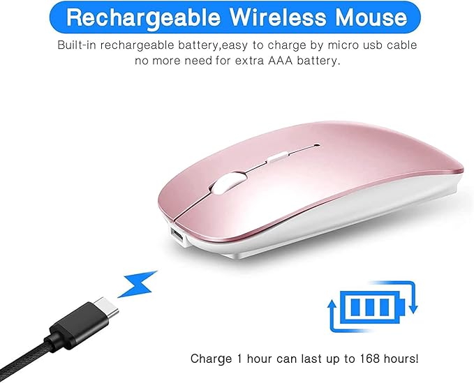 PEIBO Bluetooth 5.2 Mouse, Rechargeable Wireless Mouse for MacBook, iPad Pro, Chromebook, Windows Notebook, DELL, HP PC, Pink