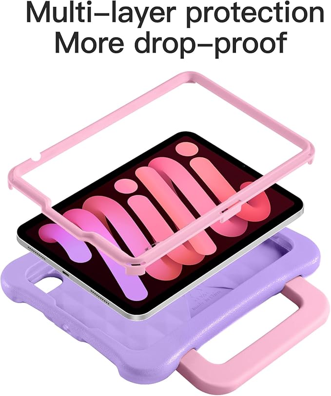 Kids Case for iPad Mini 7 (A17 Pro) 2024 /iPad Mini6 2021, Light Weight Heavy Duty/Shockproof/Drop Proof with Handle/Kickstand, Child Friendly Cover for iPad Mini 7th/6th Gen 8.3inch (Purple Pink)