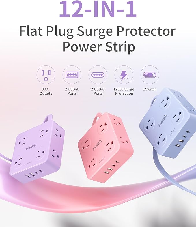 Extension Cord with Multiple Outlets, SMALLRT Flat Plug Power Strip, 6.5FT Power Strips with Surge Protection with USB Ports, 8 Outlets, Surge Protector Outlets Extender for Home Office, Purple