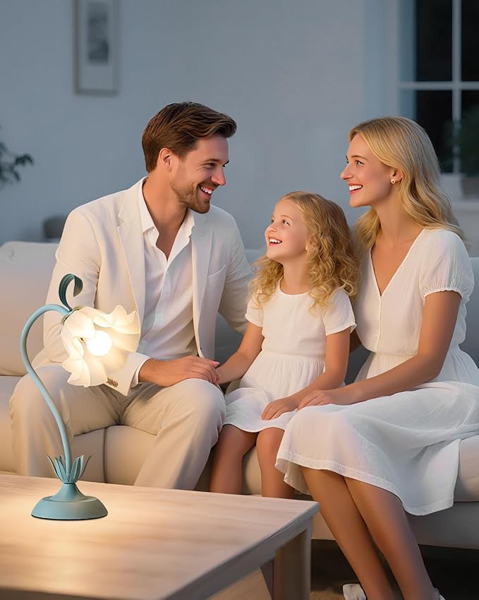 WERFOP Flower Table Lamp, LED Reading Light Vintage Bedside Table Lamp with 3 Color Modes for Nightstand, Kawaii Decoration for Home Bedroom Living Room (Blue)