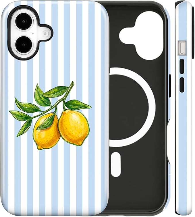 Magnetic for iPhone 17 Case Cute Lemon Stripes Phone Case, Shockproof Slim TPU and Hard PC Protective Phone Cover Compatible with MagSafe Designed for Women Girls, Blue