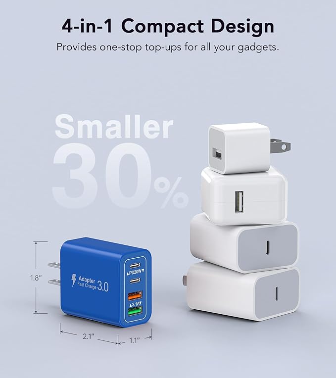 [2-Pack] 40W USB C Charger Block, 4-Port Type C Fast Charging Brick Dual PD&QC Wall Plug Adapter Power Brick for iPhone 13/14/15/16/17/Pro/Pro Max/Plus/iPad/Airpods/iwatch/Samsung Galaxy (Blue)