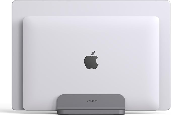 JOKItech Dual Aluminum Vertical Laptop Stand Organizer, Sturdy Notebook Computer Holder Stand Compatible with New Liquid Retina XDR Apple MacBook Air/Pro/Neo, Mac mini, Apple TV & iPad Pro - Spacegray