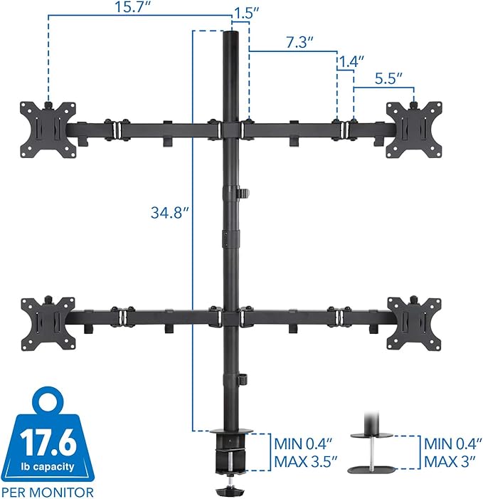 Mount-It! 4 Monitor Stand for Desk | Quad Monitor Desk Mount with Height Adjustable Pole | Fits Four 13–32 Inch Screens, VESA 75x75 & 100x100, Tilt Swivel Rotate, Clamp or Grommet Base