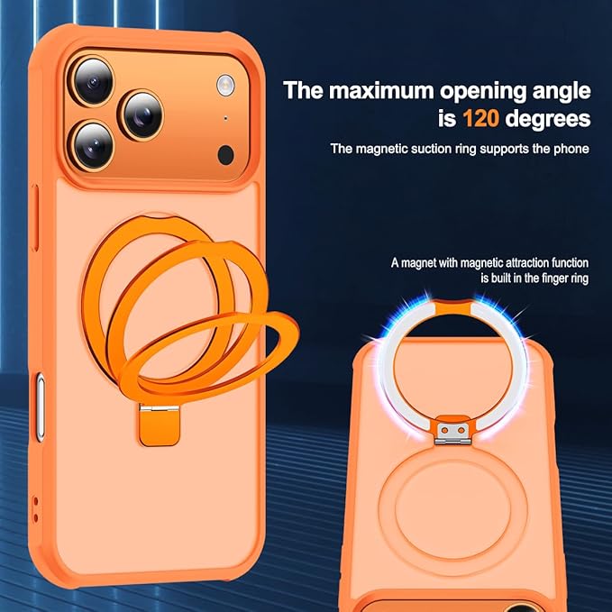SKYLMW Compatible with iPhone 17 Pro Max Case with Invisible Magnetic O-Ring Stand Military-Grade Translucent Case for iPhone 17 ProMax 6.9" [Compatible with Mag-Safe][Great Grip Feeling],Orange