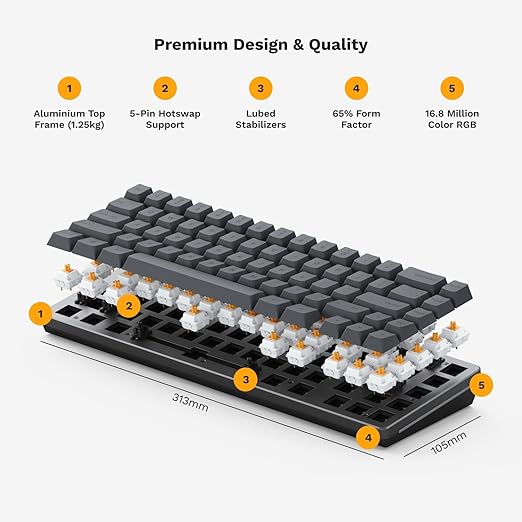 GLORIOUS Gaming GMMK 2 Compact 65% Barebones (Frame Only) - Mechanical Gaming Keyboard Frame, Compact TKL Size (65%), Aluminium, Customisable, Per Key RGB, American QWERTY Layout - Black