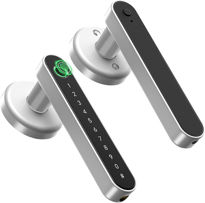 IRONZON Fingerprint Door Handle for Bedrooms - 190F 3-in-1 Fingerprint Door Lock with Keypad, Fingerprint Door Knob for Bedroom with Key, Keyless Entry Door Handle - Silver