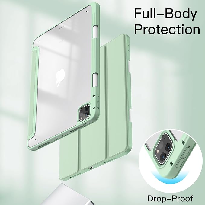 JETech Case ONLY for iPad Pro 11 Inch (2022/2021/2020/2018) with Pencil Holder, Clear Transparent Back Shell Slim Stand Shockproof Tablet Cover, Auto Wake/Sleep (Matcha Green)