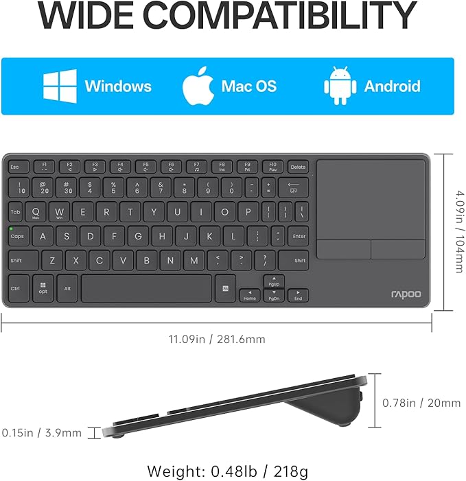 Rapoo Portable Wireless Keyboard with Touchpad, Multi-Device HTPC Keyboard for PC-Connected TV/Tablet/Steam Deck/Gaming Console/Raspberry Pi/Mini PC - Support Touch Gestures for Windows & Mac, Black