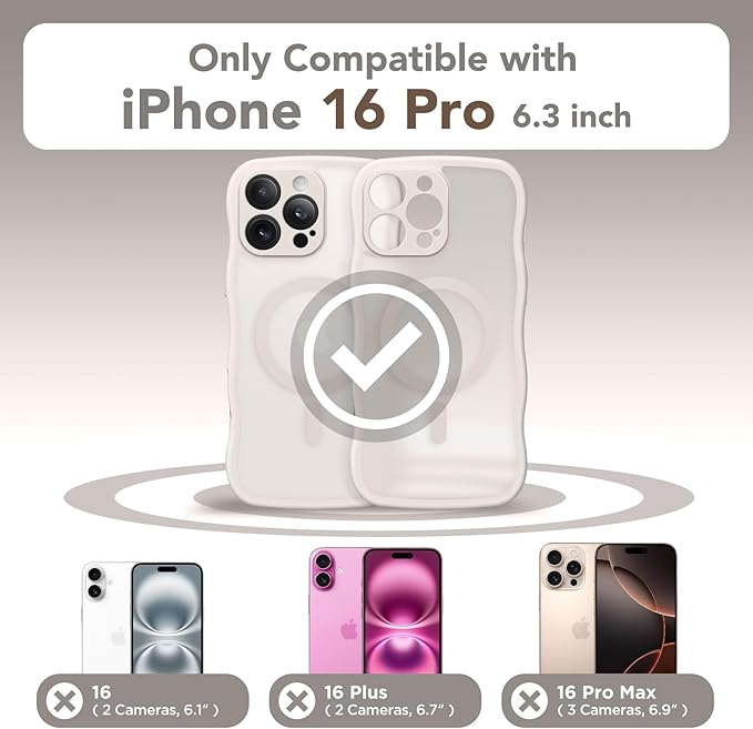 CAPRARO for iPhone 16 Pro Case for Women Girls, Upgraded [Full Camera Protection] [Compatible with MagSafe] Cute Wave Translucent Matte Phone Case for iPhone 16 Pro, Stone