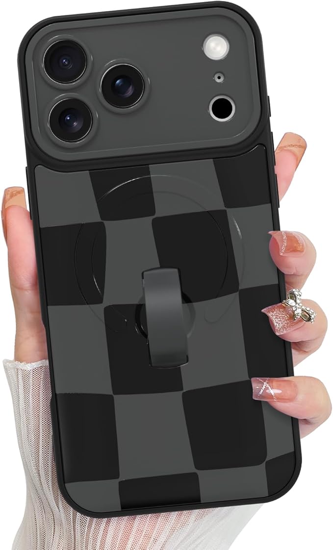 KANGHAR Compatible with iPhone 17 Pro Case, Support for MagSafe, Silicone Checkered Cute Pattern, Wristband Kickstand Camera Protection Soft Slim Cover for Girls Women -Black