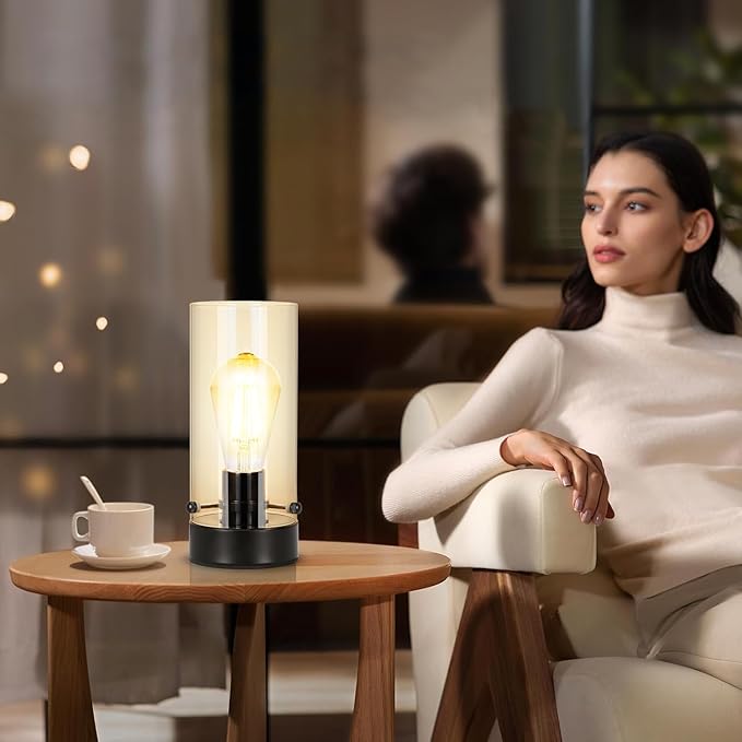 Table Lamp for Bedroom, Modern Glass Lamp Bedside Table Lamps for Night Stands with 2700K 6W Glass Bulb,Small Night Light Lamps for Living Room Kids Office Desk Decor Black