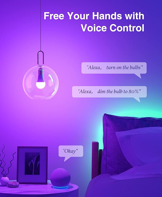 Wi-Fi Smart Light Bulb(RGB+W) 4 Pack, Full Color Changing Light Bulb-Compatible with Alexa and Google Assistant