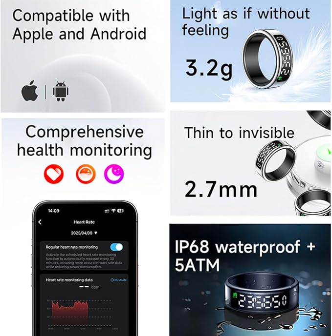 Smart Health Ring with Screen,for Women Men Fitness Tracker Heart Rate, Blood Oxygen, HRV, Sleep Monitoring, Step Counting, IP68 for iPhone and Android, No Subscription Fee (Silver, 11#)
