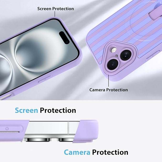 KANGHAR Compatible with iPhone 16 Case, Support for MagSafe, Silicone Stripes Cute Pattern, Wristband Kickstand Camera Protection Soft Slim Cover for Girls Women -Purple