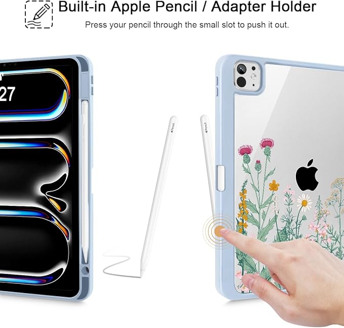 May Chen Case for iPad Pro 11-Inch M5/M4 2025/2024 (6th/5th Generation), Clear Transparent Print Back Shell Slim Stand Shockproof Tablet Cover, Auto Wake/Sleep, Herbs Flowers