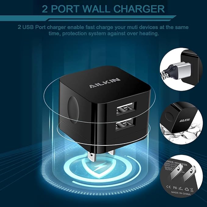 2Pack USB Wall Chargers, 2.4A Dual Port Fast Charger Block Square Flat Power AC Adapter Phone Brick Charging Station for iPhone, Samsung Galaxy, LG Stylo, Google Pixel, USB Plug House Hold Box Cube