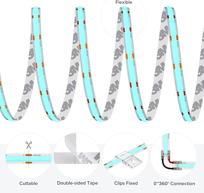 COB Ice Blue LED Strip Light DC24V Flexible High Density Uniform Bright 480LEDs/m Strips 16.4FT CRI90+ 8MM Width Dimmable COB LED Tape for Cabinet Indoor Decor(No Adapter/Controller)