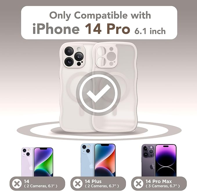 CAPRARO Cute for iPhone 14 Pro Case, Compatible with MagSafe, [Curly Wave Edge] [Full Camera Protection] [14 FT Drop Protection] Magnetic Phone Case for 14 Pro 6.1 Inch, Stone