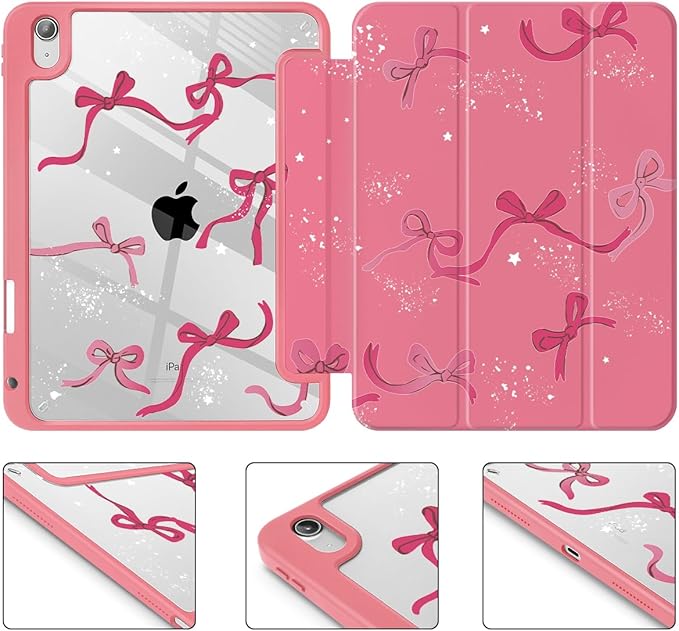Tuiklol for iPad Pro 11 Inch 4th / 3rd / 2nd / 1st Gen (2022 2021 2020 2018) Case -Built-in Pencil Holder Shockproof Cover Clear Transparent Back Shell with Auto Wake/Sleep, Bow-Watermelon Red