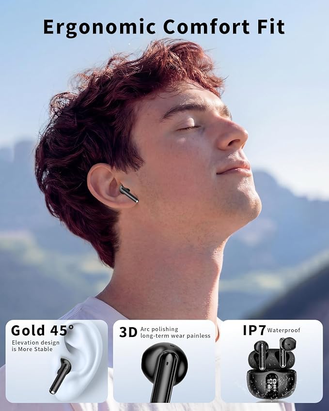 XIAOWTEK Wireless Earbuds, 2026 Bluetooth 5.4 Headphones Bass Stereo Ear Buds with Noise Cancelling Mic, LED Display in Ear Earphones 50H Playtime Ear Buds, IP7 Waterproof for Laptop Pad Phones Black