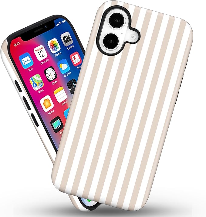 Magnetic for iPhone 17 Case Cute Stripes Phone Case, Shockproof Slim TPU and Hard PC Protective Phone Cover Compatible with MagSafe Designed for Women Girls, Apricot