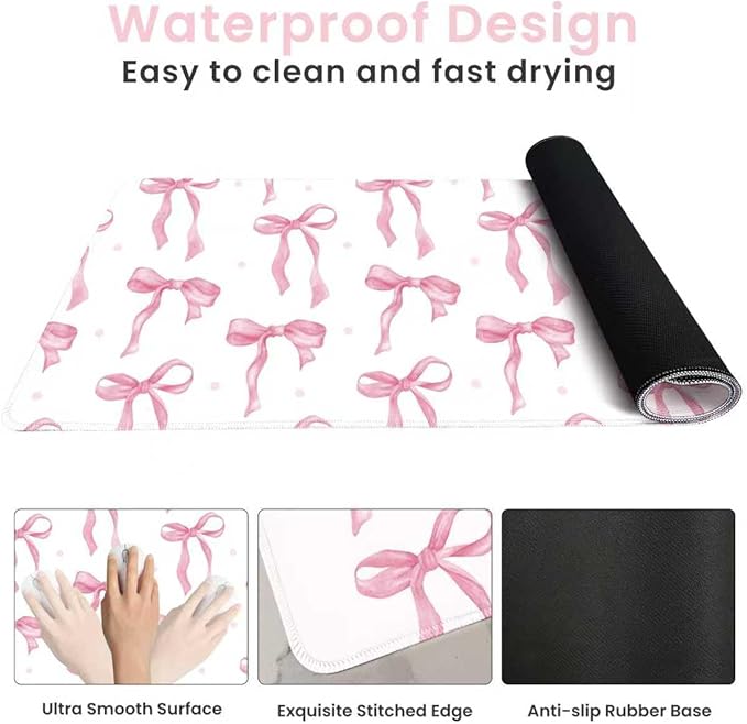 White Mouse Pad with Pink Bows, Cute Desk Mat Pink Keyboard Mat for Computer Laptop Non-Slip Rubber Base, Large Office Mat Girly Desktop Accessories School Office Supplies for Girls Women 23.6 x 11.8