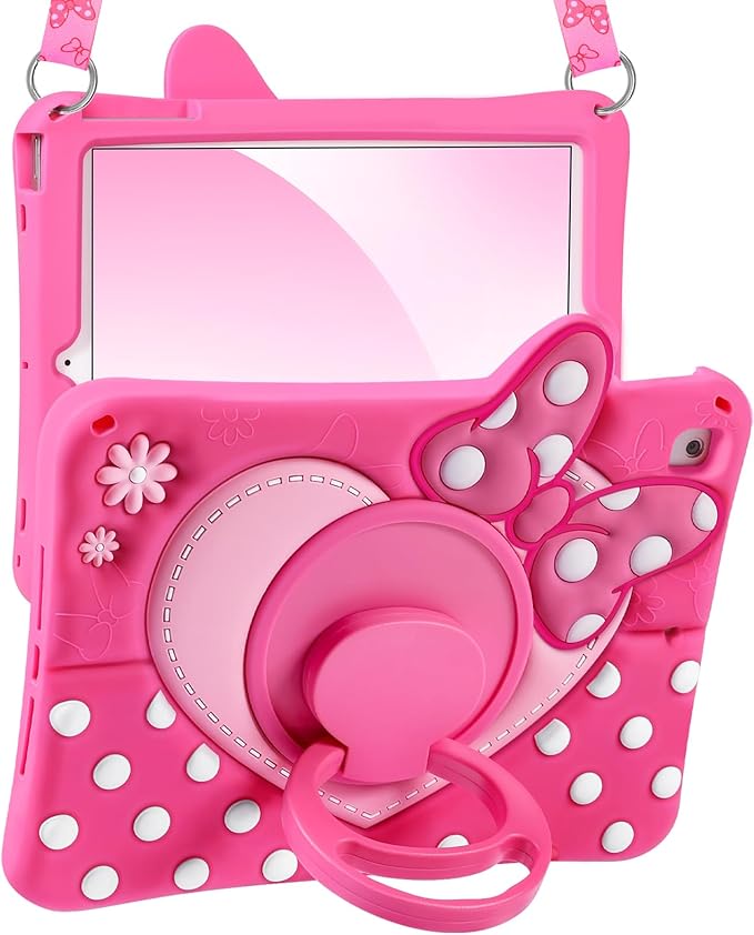 Boaretiu Kids Case for iPad 5th/6th Generation/Air1/Air2/Pro 9.7 inch - Cute Girly Cartoon Soft 3D Silicone Cover with Strap & Rotating Stand for Girls Teens, Bow Heart