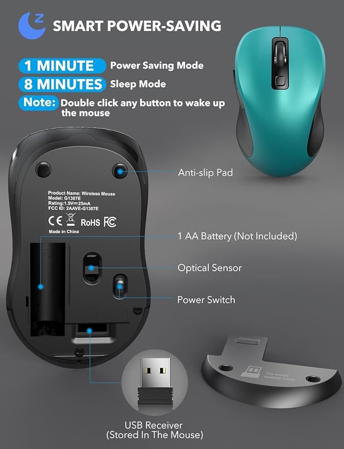 Trueque Wireless Mouse for Laptop, 2.4GHz Ergonomic Computer Mouse with Back & Forward Buttons, 3 Adjustable DPI Levels, 6 Buttons, Optical USB Cordless Mice for Windows PC, M01(Teal)