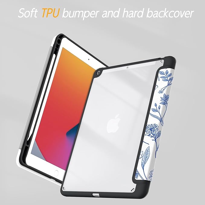 Case for iPad 9th / 8th / 7th Generation (2021/2020/2019) 10.2 inch, Case with Pencil Holder, Stand Clear Back Cover Cute Cool Design for Women Girls, Auto Sleep/Wake, Blue Flower