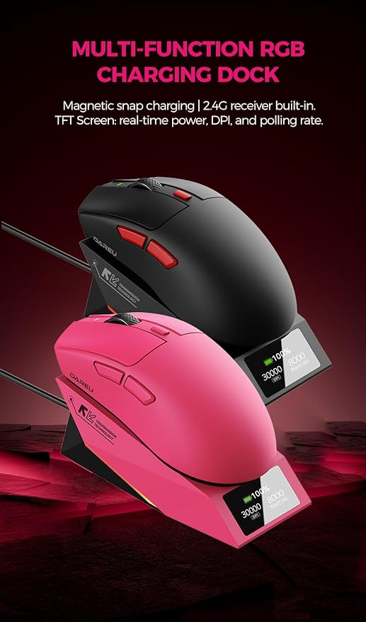 DAREU AE6 Pro Wireless Gaming Mouse, Custom PAW3950 30K Sensor, Wireless/Wired Dual 8K Polling,59g Lightweight, Display Charging Dock, Excimer Coating,3-Mode Connect, Programmable,166H Battery