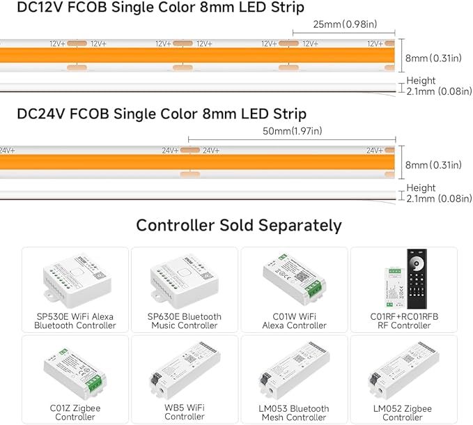 BTF-LIGHTING FCOB IP65 Waterproof Orange Color COB LED Strip 16.4FT DC24V 480LED/m 8mm Width Flexible High Density CRI 90+ Dimmable LED Light for Home Indoor Decor(No Controller or Adapter)