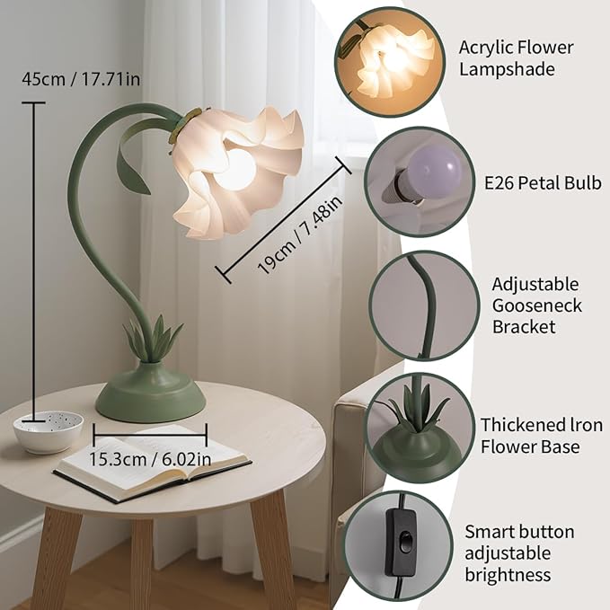 Flower Table Lamp for Bedroom, 3 Colors Flower Reading Light with E26 Bulb, Cute Lily Desk Lamp Bedside Lamps for Nightstands Home Decor, Adjustable Flexible DIY Floral Lamps for Living Room Office