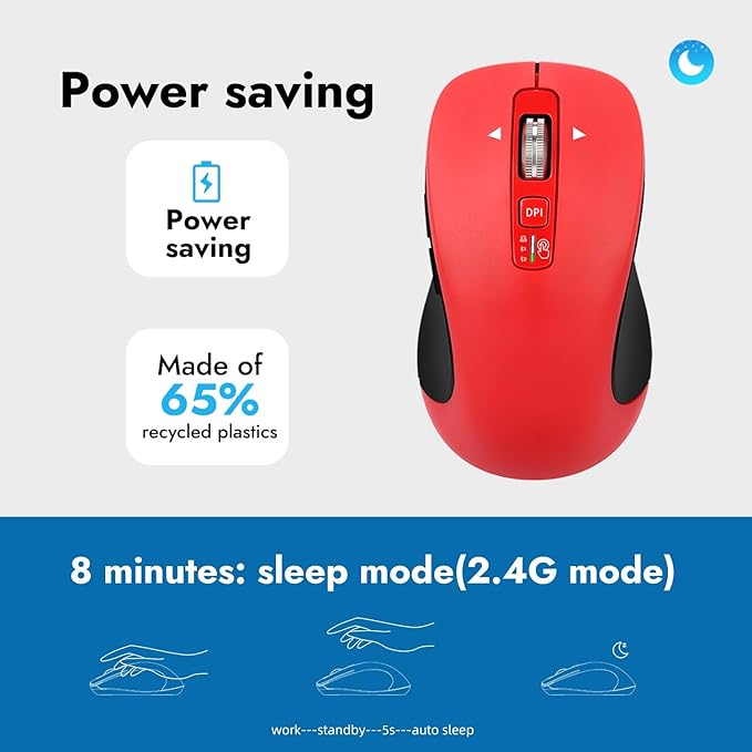 CITLLA Wireless Bluetooth Mouse (USB + BT1 + BT2), Full Size, 4-Way Scrolling, Multi-Device Silent Mouse for Computer, Laptop, iPad, MacBook (Red)