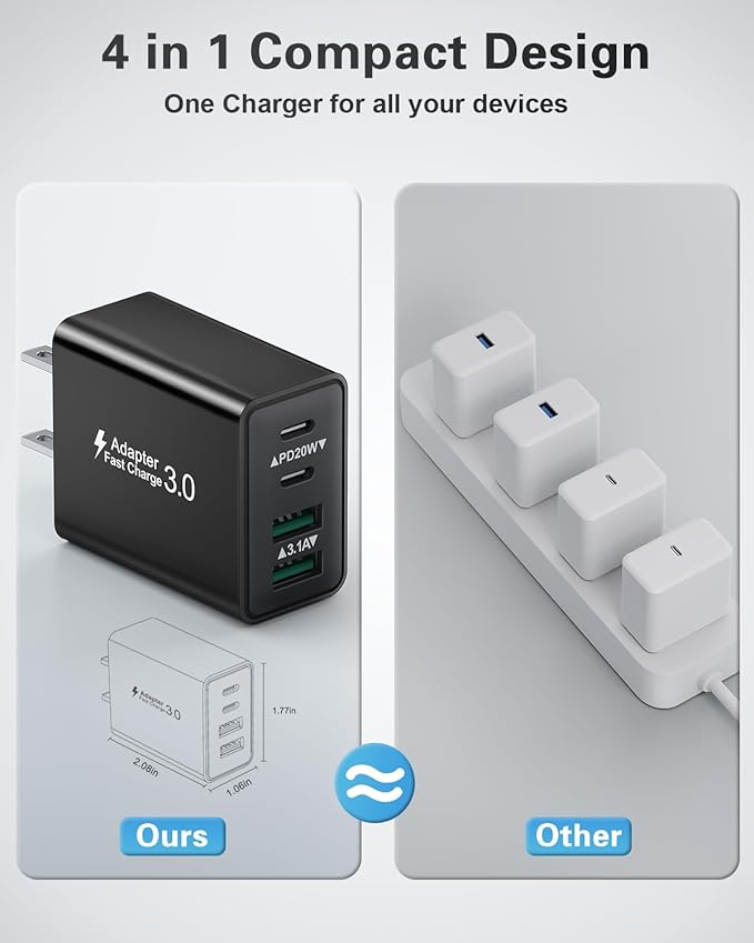 USB C Charging Block, 40W USB C Wall Charger 4-Port Dual Port PD Power Adapter+QC USB C Wall Plug Multiport Type C Charger Block Fast Charging Block for iPhone 16/15/14/13/12/11/Pro Max/XS, Samsung