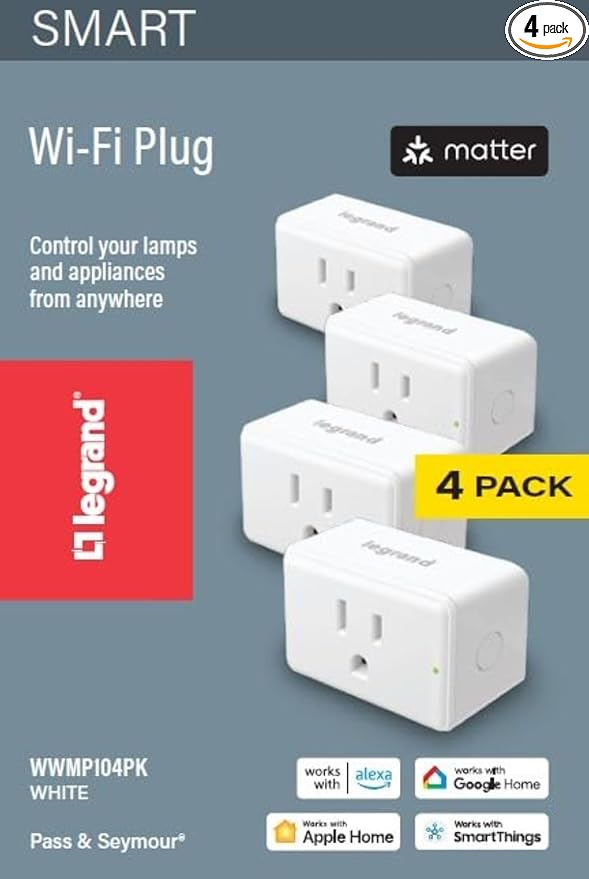 Legrand Radiant® Wi-Fi Matter Smart Plug Matter Hub Required 15A, Easy Setup, Enhanced Compatibility with Apple HomeKit, Google Home, Alexa & SmartThings, Easy Wi-Fi Connectivity w/ Matter (4 Pack)