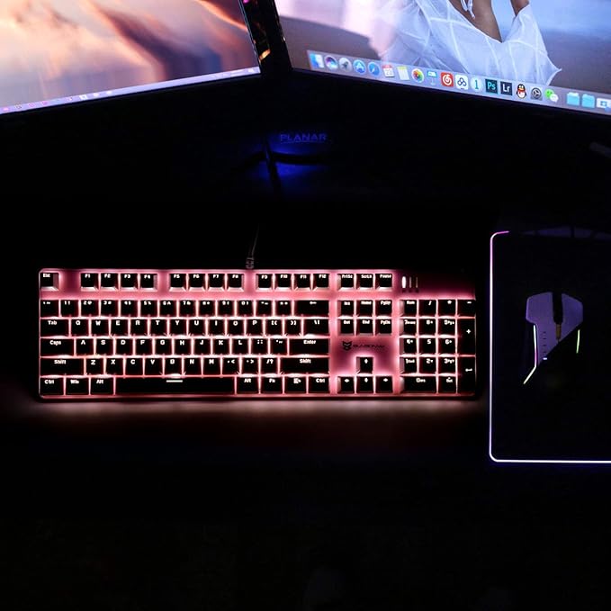 Merdia Full Size Wired Mechanical Gaming Pink Keyboard | Blue Switch 104 Keys US Layout Full Size Pink PC Gaming Keyboards | Hot Swappable LED Backlit Light Up Wired Mechanical Computer Keyboards