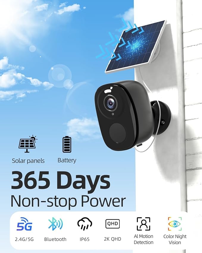 ELECCTV 5G/2.4G WiFi Solar Security Cameras Wireless Outdoor, 2K Solar Cameras for Home Security with AI Motion Detection, Color Night Vision, Siren, 2-Way Audio, Works/Alexa,IP65 Waterproof,4-Cam Kit