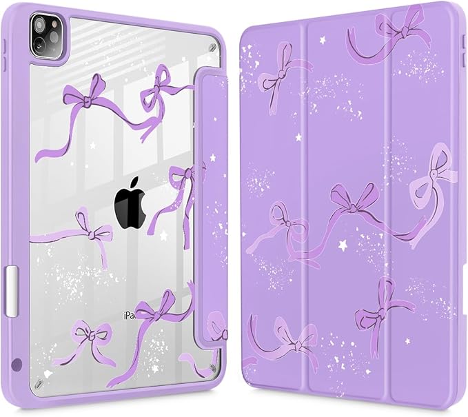 Tuiklol for iPad Pro 11 Inch 4th / 3rd / 2nd / 1st Gen (2022 2021 2020 2018) Case -Built-in Pencil Holder Shockproof Cover Clear Transparent Back Shell with Auto Wake/Sleep, Bow-Purple