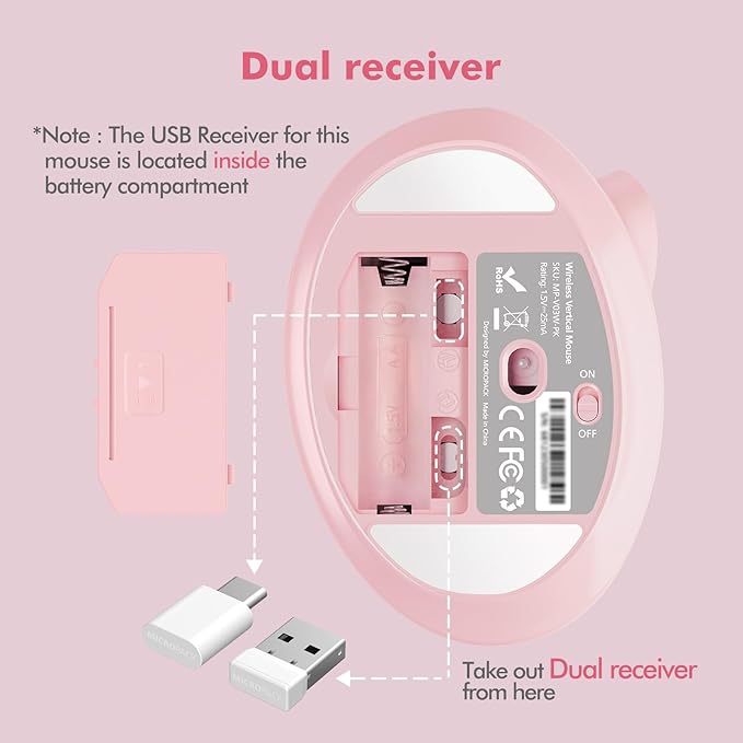 MicroPack Ergonomic Vertical Wireless Mouse, Silent Cordless Office Mouse with USB-A & Type-C Receiver, 800/1200/1600 DPI, 6 Buttons, Reduces Wrist Strain for Work, Windows, Mac, PC & Laptop Pink