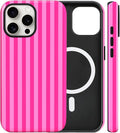 Magnetic for iPhone 15 Pro Case Cute Stripes Phone Case, Shockproof Slim TPU and Hard PC Protective Phone Cover Compatible with MagSafe Designed for Women Girls, Deep Pink