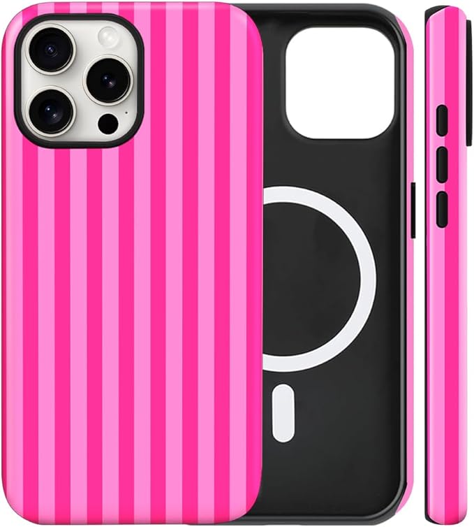 Magnetic for iPhone 12/12P Case Cute Stripes Phone Case, Shockproof Slim TPU and Hard PC Protective Phone Cover Compatible with MagSafe Designed for Women Girls, Deep Pink