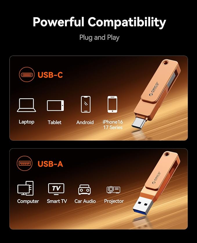 ORICO USB 3.0 Flash Drive 150MB/S Metal Housing Swivel Design Support OTG Function 2 in 1 PenDrive 32GB for USB C and USB A Devices -EB05 OR