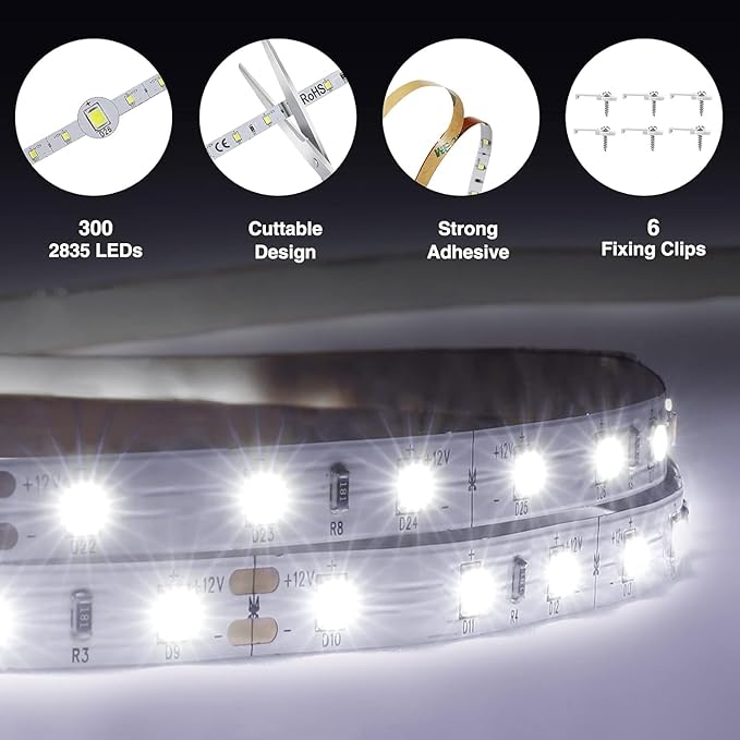 Onforu LED Light Strip,16.4ft Dimmable LED Tape Light, 6000K Daylight White Strip Lighting, 300 LEDs Flexible Vanity Mirror Light, 5M 12V Ribbon Rope Light for Bedroom, Under Cabinet,Kitchen,Christmas