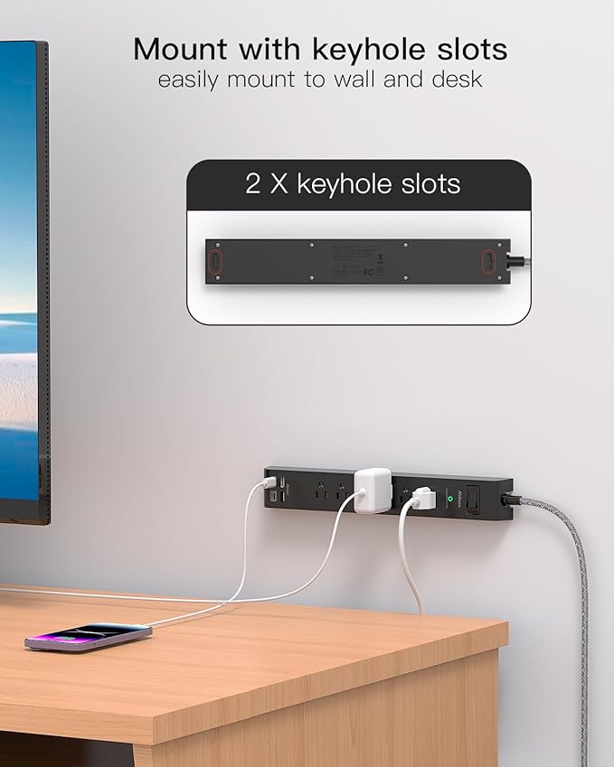 2 Pack Surge Protector Power Strip, Slim Flat Plug, Braided Extension Cord, 5-Foot, 900 Joules, 6 Outlets 4 USB Ports, Wall Mount for Home Office Dorm