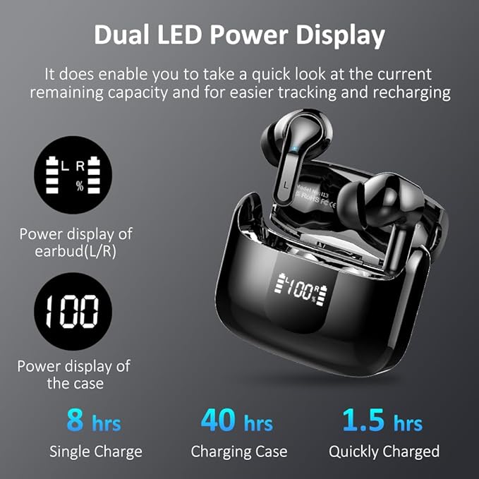 Wireless Earbuds, Bluetooth 5.3 Headphones 2025 NEW Ear Buds 40H Bass Stereo in-Ear Earphones ENC Noise Cancelling Earbuds with 4 HD Mic, USB-C LED Display IP7 Waterproof Sport Headset for Android iOS