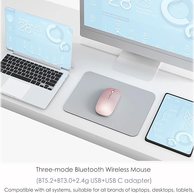 PEIBO Bluetooth 5.2 Mouse, Rechargeable Wireless Mouse for MacBook, iPad Pro, Chromebook, Windows Notebook, DELL, HP PC, Pink