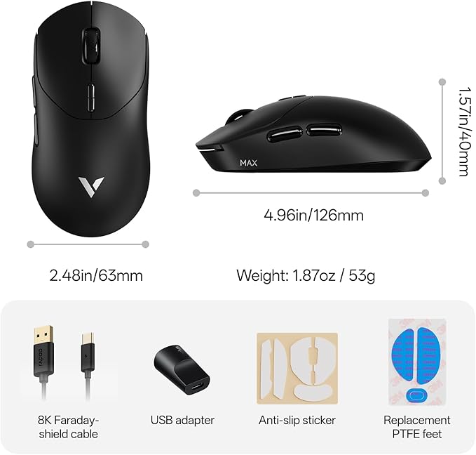 Rapoo VT2 MAX Wireless Gaming Mouse, True 8K Wireless Polling Rate, 53g Lightweight, Up to 750 Hr Battery, Nordic nRF54L15 MCU, 120-Million Optical Switch, 10 Programmable Buttons, Macro Enabled